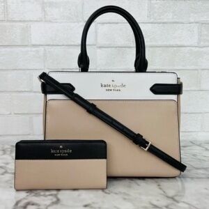 Kate Spade Black White Tan Leather Satchel Purse with Wallet